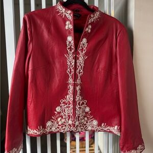 Vintage HSN Pamela McCoy Red Leather Jacket with Ivory Floral Embroidery